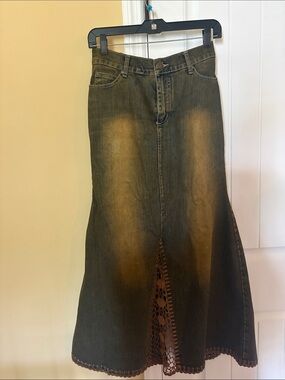 Denim Maxi Skirt with Crochet Inset